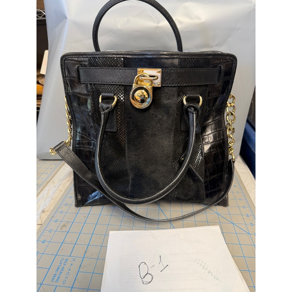 Michael Kors Hamilton Black Mixed Media Calf Hair Croc Embossed Leather Tote Bag